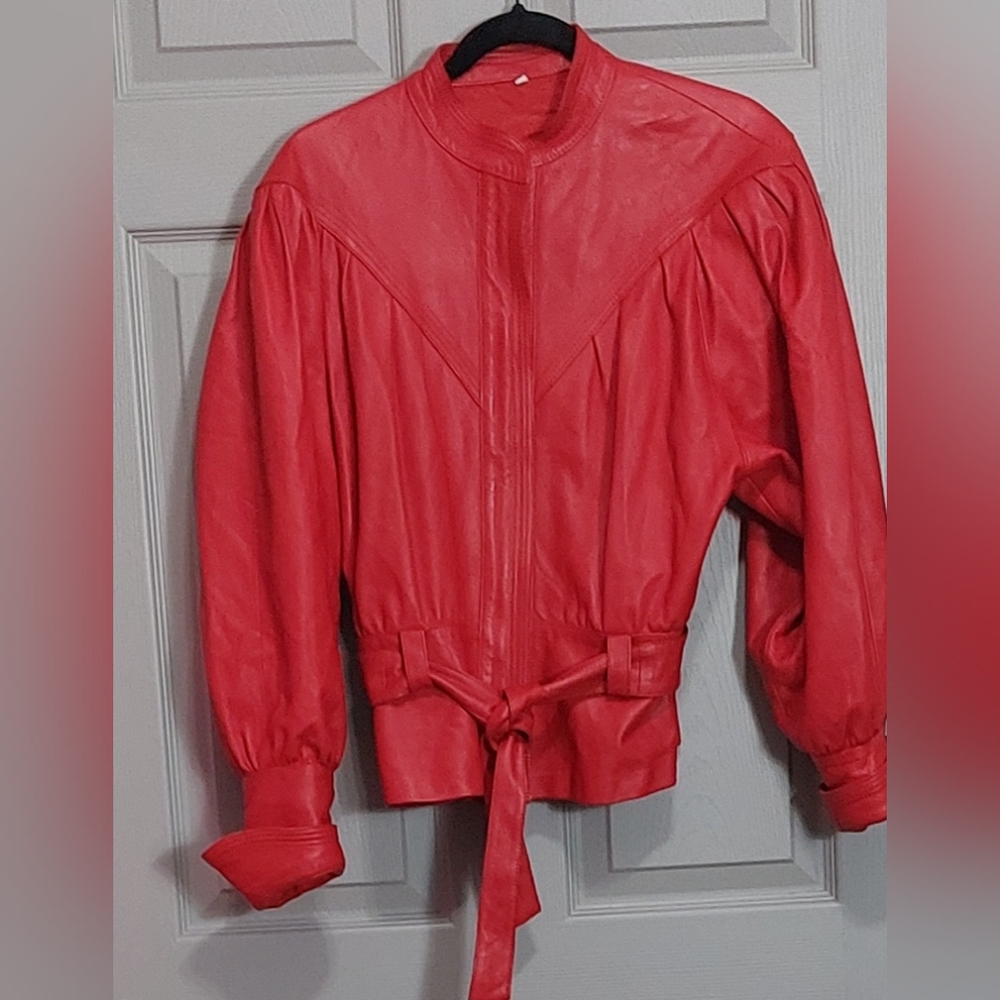 Vintage Red Leather Jacket with Tie Waist